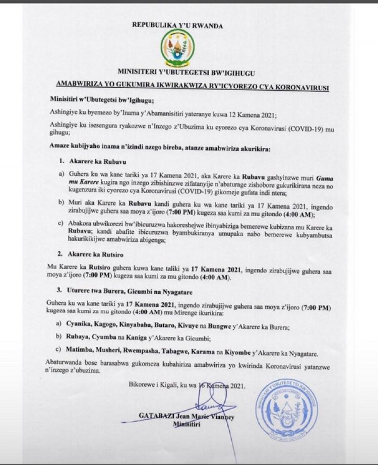 Akarere ka Rubavu kashyizwe muri guma mu Karere, Rutsiro na Nyagatare amasaha yo gutaha ashyirwa saa moya z’ijoro